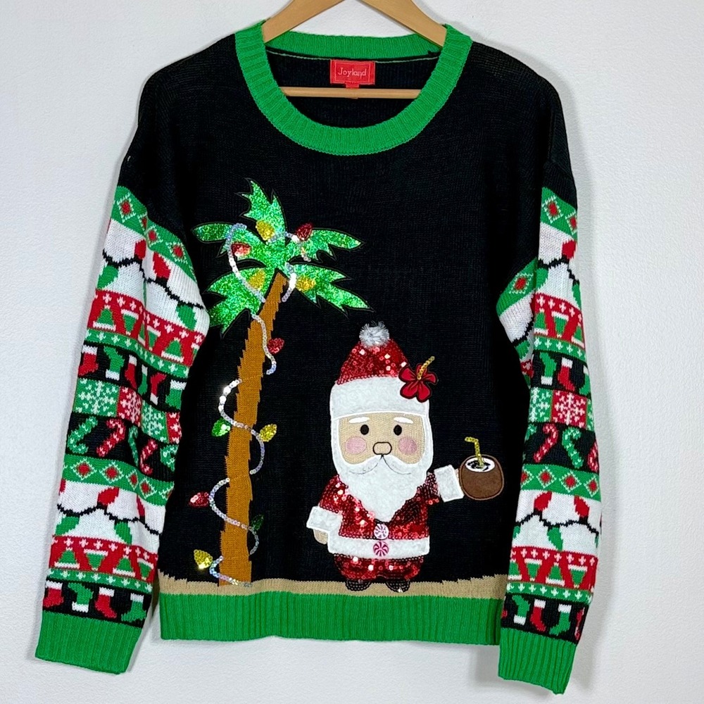 Joyland Womens Christmas Sweater Size M Black Sequin Tropical Santa Palm Tree